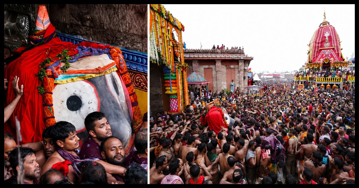 पुरी में रथों पर बैठे भगवान जगन्नाथ, बलभद्र और सुभद्रा:तेज बारिश के कारण मुकुट नहीं पहनाया, न झुलाते हुए लाए